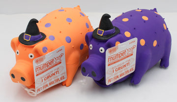 MULTIPET PIG (LATEX) W/WITCH HAT (ORANGE/PURPLE) DOG TOY 8"