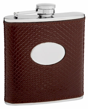 Leather Hip Flask Holding 6 oz - Snake Skin Pattern Design - Pocket Size, Stainless Steel, Rustproof, Screw-On Cap - Brown Finish Perfect for Engraving