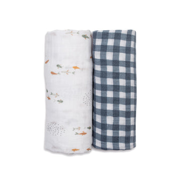 Lulujo Baby Swaddle Blankets | Unisex Softest Breathable Cotton Muslin Swaddle Blanket Set | Neutral Receiving Blanket for Girls & Boys | 40in x 40in | Fish & Navy Gingham | 2-Count