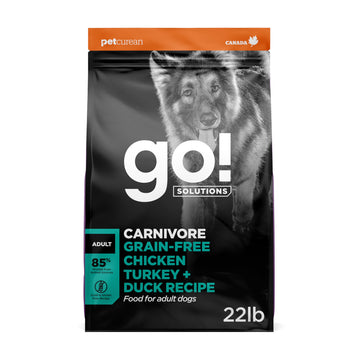 Go! Solutions Carnivore Chicken, Turkey + Duck Grain-Free Dry Adult Dog Food, Our Highest-Protein Kibble Made with Real Meat & Fish, Pumpkin & Probiotics for Good Digestion, 22 lb Bag