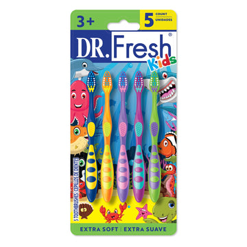 Dr. Fresh Brand Kids Non-Slip Handle Toothbrushes with Tongue Cleaner, Soft, 5 Count