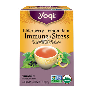 Yogi Tea Elderberry Lemon Balm Immune Plus Stress, Herbal Tea Bags, 16 Count