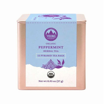 Young Mountain Tea Organic Peppermint 12 pyramid tea bags in tin
