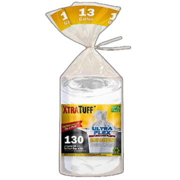13 Gallon Trash Bags, Tall Kitchen Garbage Bags, Unscented Heavy Duty White Plastic Bags, 130 Count - Strong and Durable for Home and Office Use