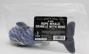 ROPE WHALE CRINKLE TOY WITH BONE 12"