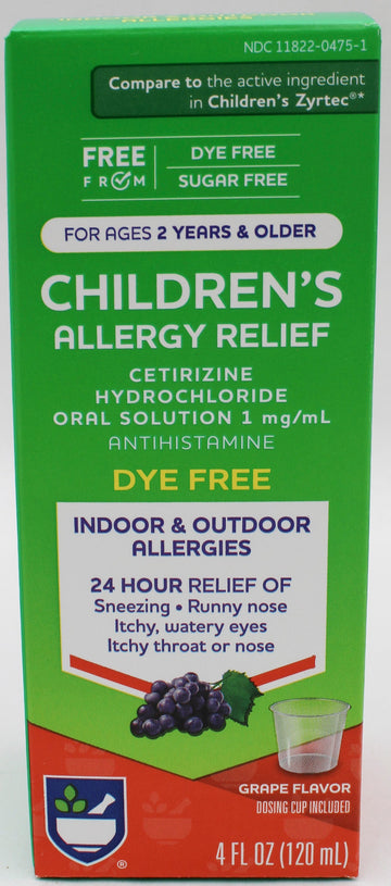 RITE AID CHILDREN'S 24HR ALLERGY RELIEF SUGAR FREE GRAPE 4oz EXP 12/31/2026 COMPARES TO Zyrtec