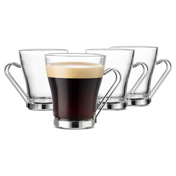 Bormioli Rocco Oslo 7.5 oz. Cappuccino Tempered Glass Cup with Removable Stainless Steel Handle for Coffee, Tea, Lattes, and Hot Drinks, Set of 4