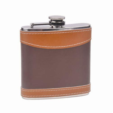 Leather Hip Flask Holding 6 oz - Two Tone Design - Pocket Size, Stainless Steel, Rustproof, Screw-On Cap - Brown Finish Perfect for Engraving - Gift Box Included