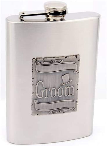 Hip Flask Holding 8 oz - Groom Design - Stainless Steel, Screw-On Cap, Expertly Welded, Leakproof, Rustproof - Metallic Grey Finish - Black Gift Box Included