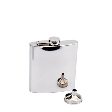 Hip Flask Holding 6 oz. - Pocket Size, Stainless Steel, Rustproof, Screw-On Cap - Metallic Grey Mirror Polished Finish Perfect for Engraving - Black Gift Box Included