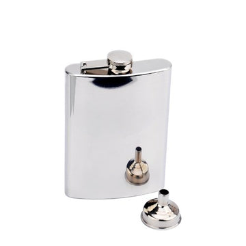 Hip Flask Holding 8 oz. - Pocket Size, Stainless Steel, Rustproof, Screw-On Cap - Metallic Grey Mirror Polished Finish Perfect for Engraving - Black Gift Box Included