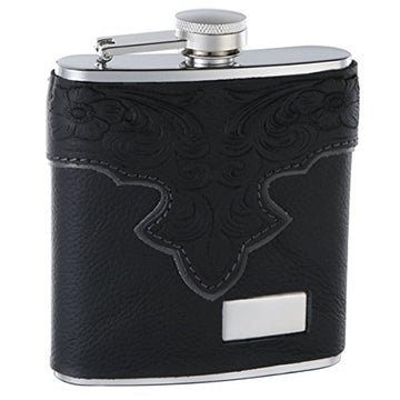 Genuine Leather Hip Flask Holding 6 oz - Classy Embossed Pattern Design - Pocket Size, Stainless Steel, Rustproof, Screw-On Cap - Black Finish Perfect for Engraving