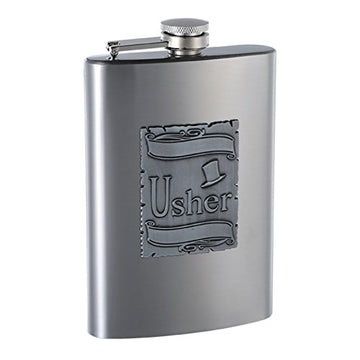 Hip Flask Holding 8 oz - Usher Emblem Design - Metallic Grey Finish, Stainless Steel, Screw-On Cap, Expertly Welded, Leakproof, Rustproof - Front Engravable for Personalized Gift