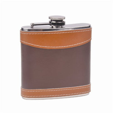 Genuine Leather Hip Flask Holding 6 oz - CKB Products Two Tone Classy Design - Pocket Size, Stainless Steel, Rustproof, Screw-On Cap - Brown Finish - Black Gift Box Included