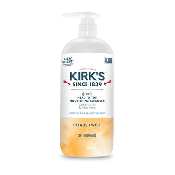 Kirk's Citrus Twist 3-in-1 Nourishing Cleanser, Shampoo Body Wash Bubble Bath, Coconut Oil and Aloe Vera, Vegan Non-GMO, 32 Fl Oz