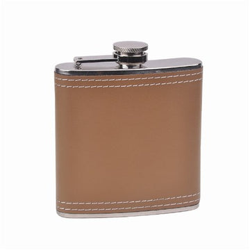 Genuine Leather Hip Flask Holding 6 oz - CKB Products Pocket Size, Stainless Steel, Rustproof, Screw-On Cap - Brown Finish - Black Gift Box Included