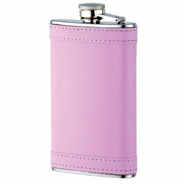 Leather Like Wrapped Hip Flask Holding 6 oz - Pocket Size, Stainless Steel, Rustproof, Screw-On Cap - Pink Finish Perfect for Engraving - Gift Box Included