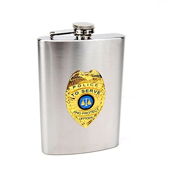 Hip Flask Holding 8 oz - Office Police Seal Design - Pocket Size, Stainless Steel, Rustproof, Screw-On Cap - Metallic Grey Finish - Gift Box Included