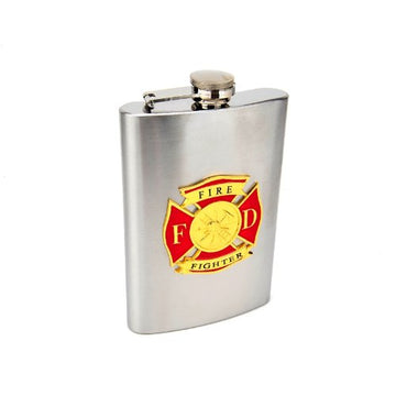 Hip Flask Holding 8 oz - Firefighter Emblem Design - Pocket Size, Stainless Steel, Rustproof, Screw-On Cap - Metallic Grey Finish - Gift Box Included