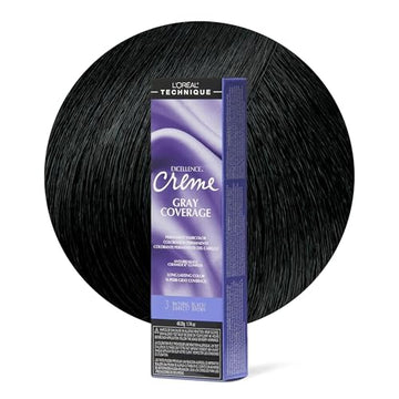 L'Oréal Technique Excellence Crème Permanent Hair Color - Long-Lasting Hair Dye, Rich Formula With No-Drip Application, Superb Gray Coverage, 3 Natural Black