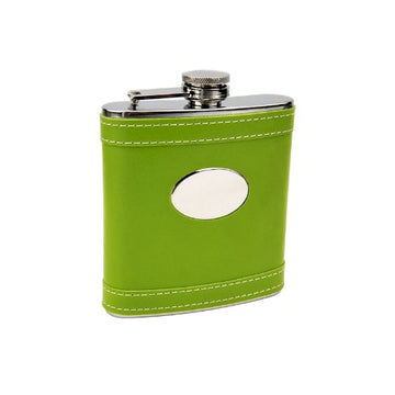 Hip Flask Holding 6 oz - Pocket Size, Stainless Steel, Rustproof, Screw-On Cap - Lime Green and Metallic Grey Finish Perfect for Engraving
