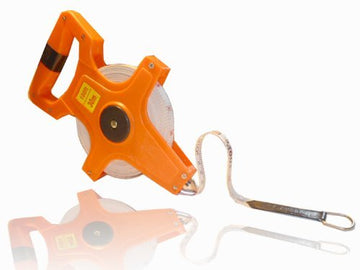100-Foot Fiberglass Tape Measure. Bright Hard Plastic Reel with a Folding Crank in 1/8" Increments.