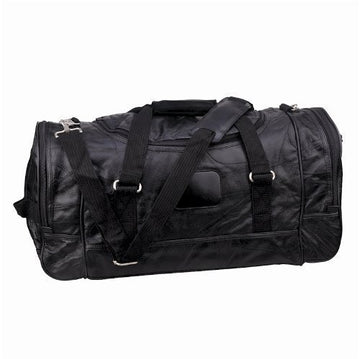 Duffel Bag - Genuine Leather - Black - Main Compartment and 3 Zippered Pockets - 4 No-Slip Feet - Detachable Padded Shoulder Strap - Great for Gym or Travel - 21" × 10" × 11"