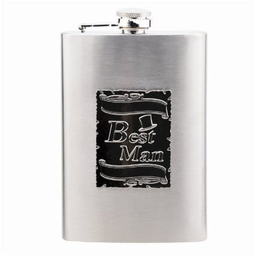 Hip Flask Holding 8 oz - Best Man Emblem Design - Metallic Grey Finish, Stainless Steel, Screw-On Cap, Expertly Welded, Leakproof, Rustproof - Front Engravable for Personalized Gift