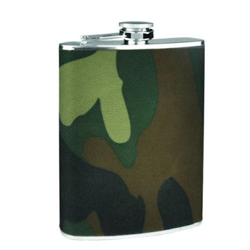 Hip Flask Holding 8 oz - Camouflage Fabric Wrap Design - Pocket Size, Stainless Steel, Rustproof, Screw-On Cap - Army Green, Brown and Black Finish Perfect for Engraving - Gift Box Included