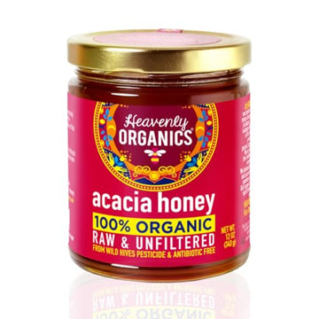 Heavenly Organics 100% Organic Raw Acacia Honey (12oz) Lightly Filtered - Made from Wild Beehives & Free Range Bees; Dairy, Nut, & Gluten Free, Kosher