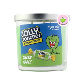 Large Triple Wick Scented Jar Candle 14 oz. with Lid | Fun Snack Cake, Holiday and Candy Scents | Includes June Street Market Sticker (Style May Vary) (Green Apple Candy)