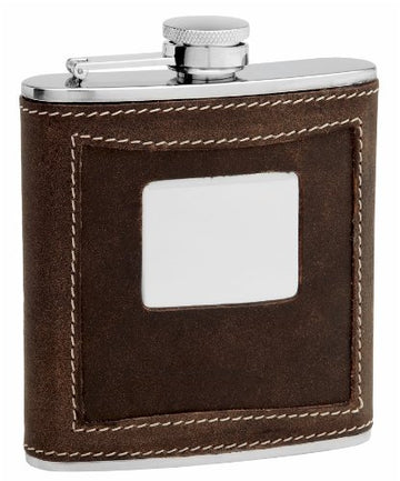 Distressed Genuine Leather Hip Flask Holding 6 oz - Two-Tone Design - Pocket Size, Stainless Steel, Rustproof, Screw-On Cap - Black Gift Box Included