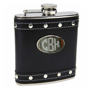 Faux Leather Hip Flask Holding 6 oz - Silver Stud Design - Pocket Size, Stainless Steel, Rustproof, Screw-On Cap