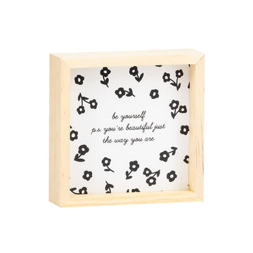 About Face Designs Be Yourself PS You're Beautiful Black Floral 4 x 4 Wood Decorative Sign
