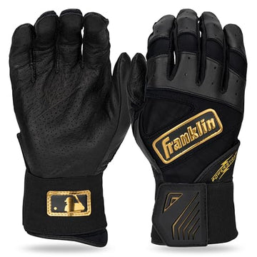 Franklin Sports MLB Batting Gloves - Infinite Powerstrap Baseball + Softball Batting Gloves -Durable Full Wrap Cage Practice Gear - Long Cuff Wrist + Heavy Duty Leather - Youth Large - Black + Gold