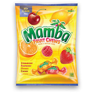 Bag Mamba Fruit Chews Candy New Flavor Mix - Individually Wrapped Chews for Halloween, Parties & Snacks - Variety Pack with Strawberry, Raspberry, Orange, Cherry, & Lemon - 3.52 oz (Pack of 1)