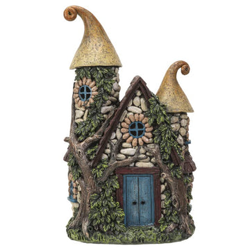 Pacific Giftware Fairy Garden House Decoration Statue with LED Lights Enchanted Stone Cottage with Blue Door and Twin Spires Hand-Painted Polyresin Fantasy Home Decor 10.24" H
