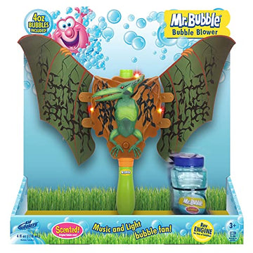 Mr. Bubble Non-Stop Fun Motorized Musical Dinosaur Bubble Blower -with 4 Ounce Premium Bubble Solution for Kids at Age 3 and up