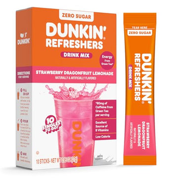 Dunkin’ Zero Sugar Refreshers Singles To Go! Powdered drink mix packets, Strawberry Dragonfruit Lemonade, 10 packets per box , Energy from Green Tea, aspartame-free, no synthetic colors, naturally and artificially flavored, just add water