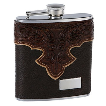 Genuine Leather Hip Flask Holding 6 oz - Classy Embossed Pattern Design - Pocket Size, Stainless Steel, Rustproof, Screw-On Cap - Brown Finish Perfect for Engraving