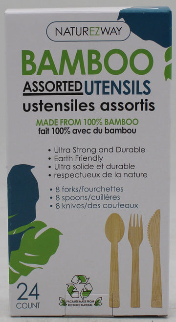 NATUREZWAY 24CT BAMBOO DISPOSABLE ASST UTENSILS (FORKS, SPOONS, KNIVES)