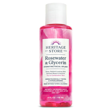 HERITAGE STORE Rosewater & Glycerin Hydrating Facial Splash - Dry Combination Skin Care - Rose Water with Vegetable Glycerine - Made w/out Dyes or Alcohol, Hypoallergenic, Vegan, 60-Day Guarantee, 4oz
