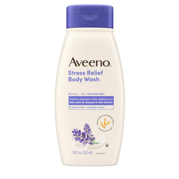 Aveeno Stress Relief Body Wash with Nourishing Oat & Lavender Scent for Sensitive Skin, Gently Cleanses & Helps You Feel Calm & Relaxed in the Shower, Soap-Free, 18 fl. oz
