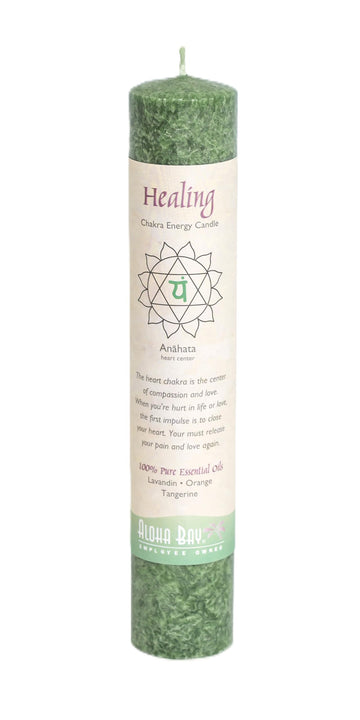 Premium Scented Candle Hand Made Chakra Energy Pillar | Healing, Anahata | Yoga, Prayer & Meditation Candle | Long Burn 15 Hours | Essential Oils of Lavandin, Orange & Tangerine | Aloha Bay