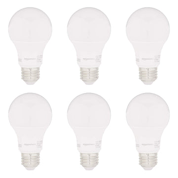 Amazon Basics 60W Equivalent, Daylight White, Non-Dimmable, 15,000 Hour Lifetime, CEC Compliant, A19 LED Light Bulbs, 6-Pack