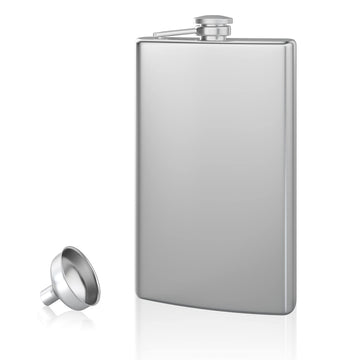 Hip Flask and Refill Funnel Set - 8 oz, Easy Pour, Leakproof, Attached Screw-On Cap - Comes in Gift Box