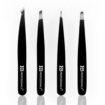HB Professionals Tweezers Set - Premium Stainless Steel Tweezers For Eyebrows - Perfect Precision For Facial Hair, Splinter & Ingrown Hair Removal - For Women & Men - 4 PCS SET (Black)