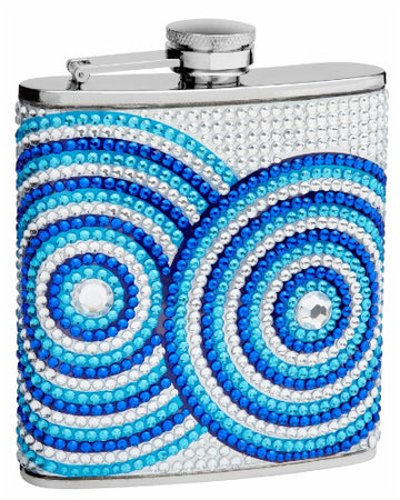 Hip Flask Holding 6 oz - Circle Pattern Rhinestone Design - Pocket Size, Stainless Steel, Rustproof, Screw-On Cap - Blue, Turquoise and White Finish