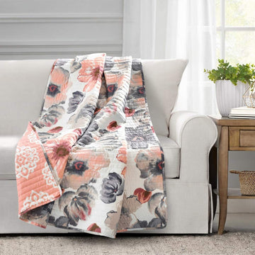 Lush Decor Leah Reversible Throw Blanket, 50" W x 60" L, Blue - Large Blooming Watercolor Flowers - Charming Quilted Floral Blanket For Bed, Couch, Or Chair