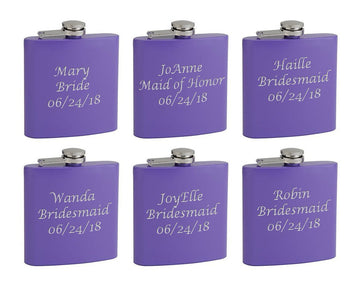 Top Shelf Flasks 6oz - Custom - Bridesmaid - 6 Pack Hip Flask - Custom Engraving - Screw-On Leak Proof Cap - Bachelorette Party Favors - Groomsmen Gifts - 6-PACK in Purple